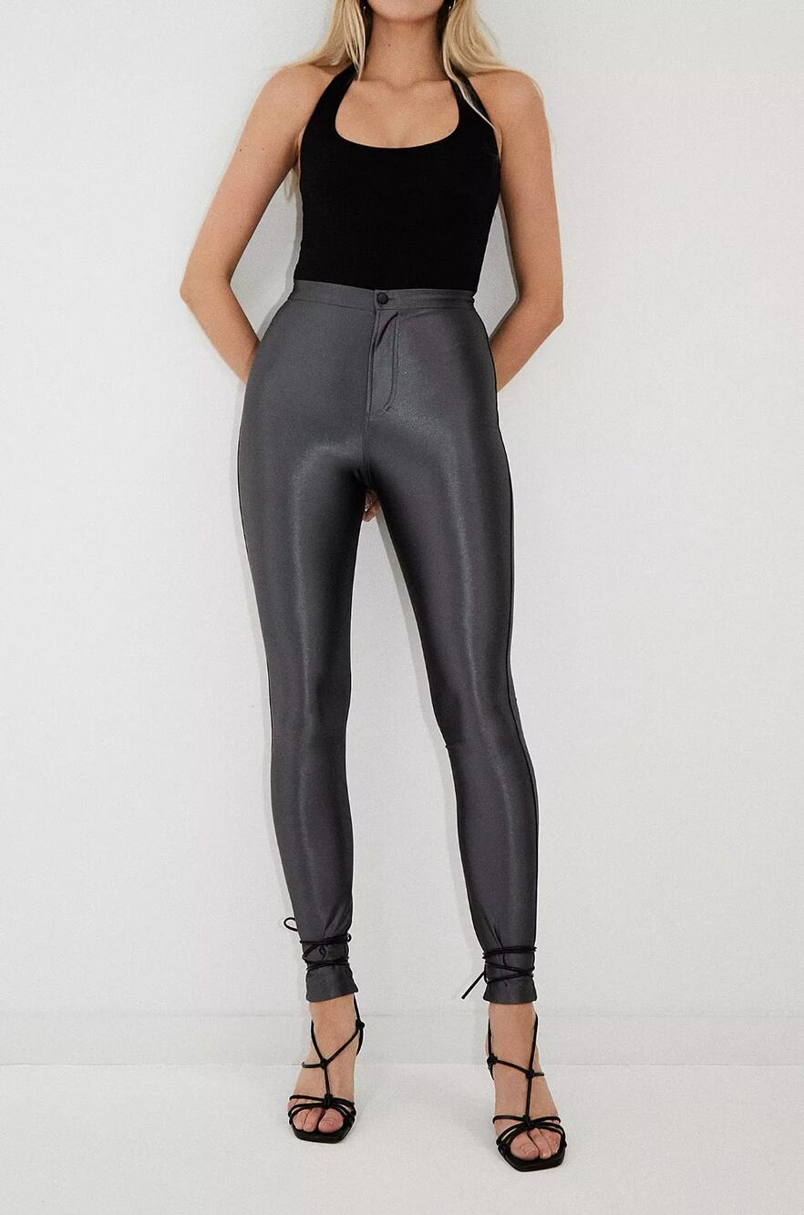 American Apparel High Waist Disco Pants in Shiny Charcoal Grey, Size Large